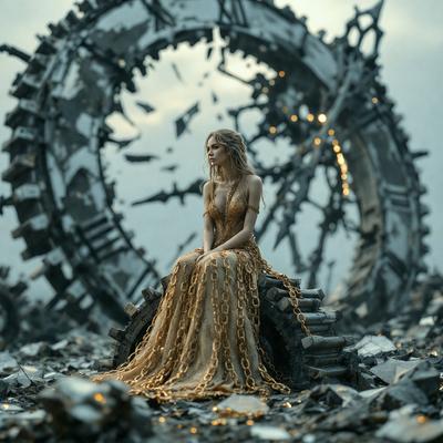 The primary subject of the image is a woman sitting on a chair in front of a large, circular structure. The setting appears to be a post-apocalyptic environment, with the woman dressed in a gold gown. The visual style of the image is a combination of photo and digital art, creating a unique and intriguing atmosphere. The colors in the image are predominantly gold and black, giving the scene a sense of elegance and mystery.